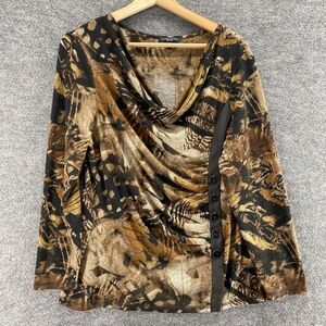 Amanda Matthews Blouse Women L Large Brown Geometric V-Neck Long Sleeve Casual